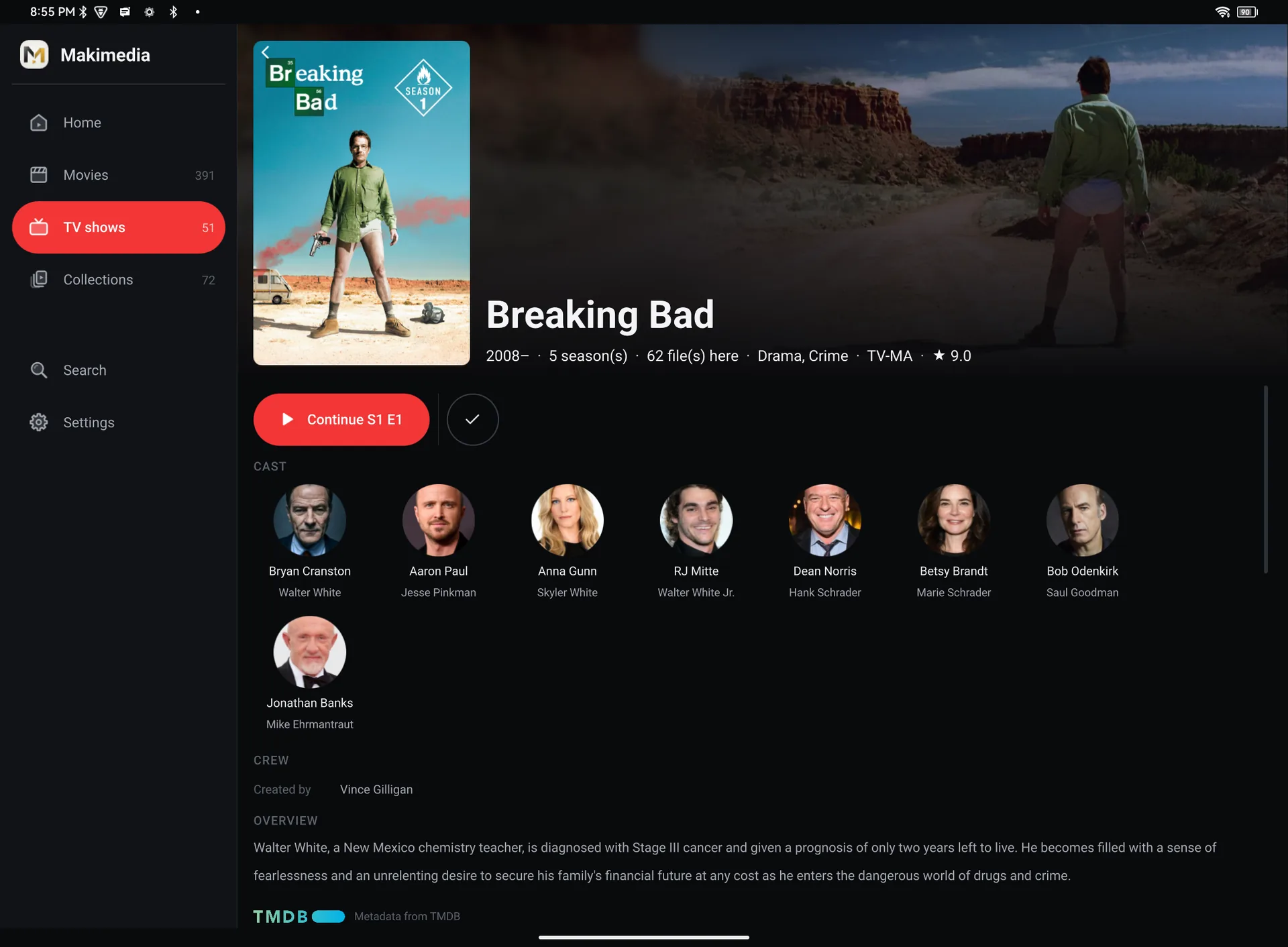 Breaking Bad show page on a tablet, with cast and crew