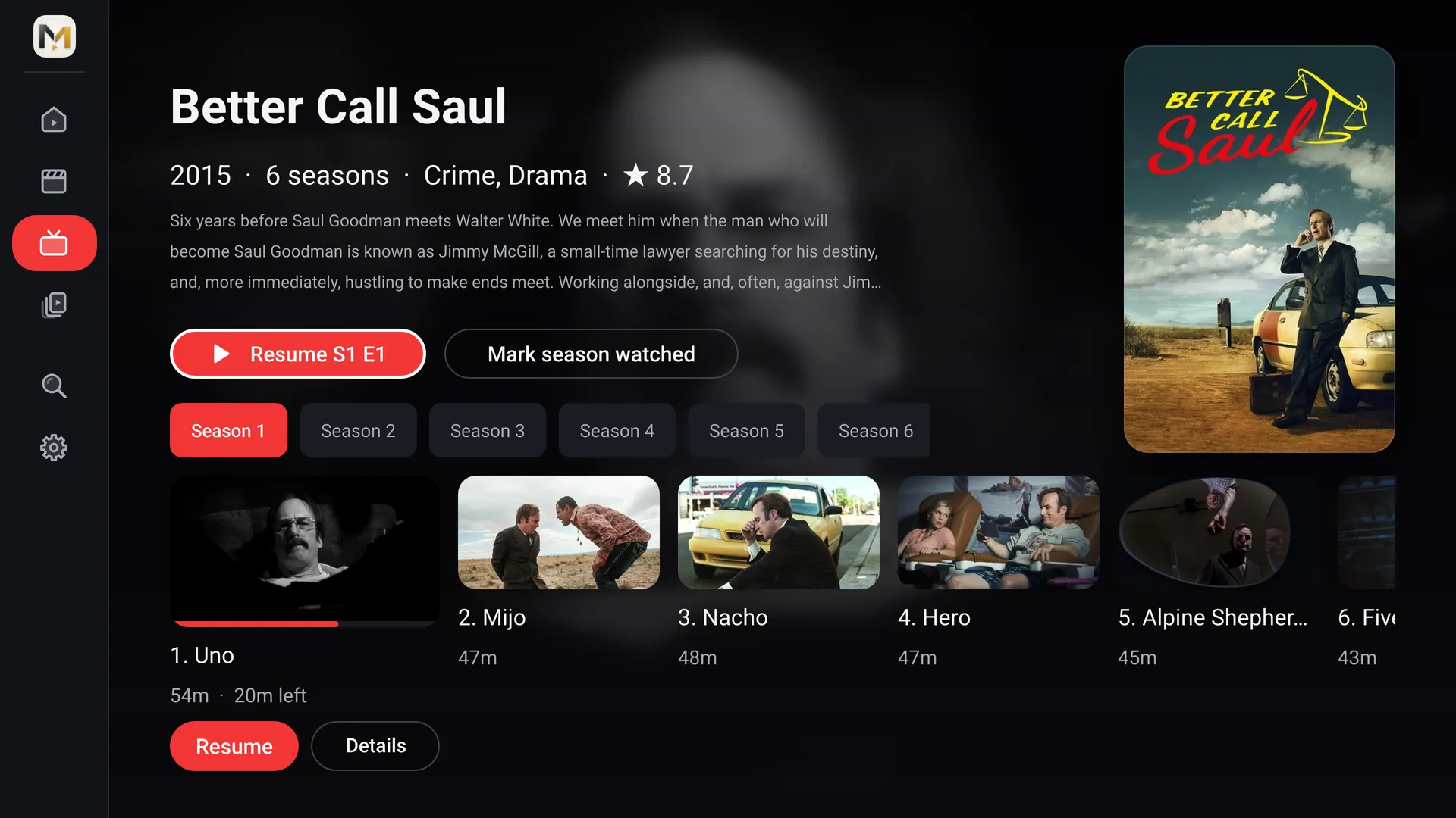 Better Call Saul on a TV, with seasons and episodes