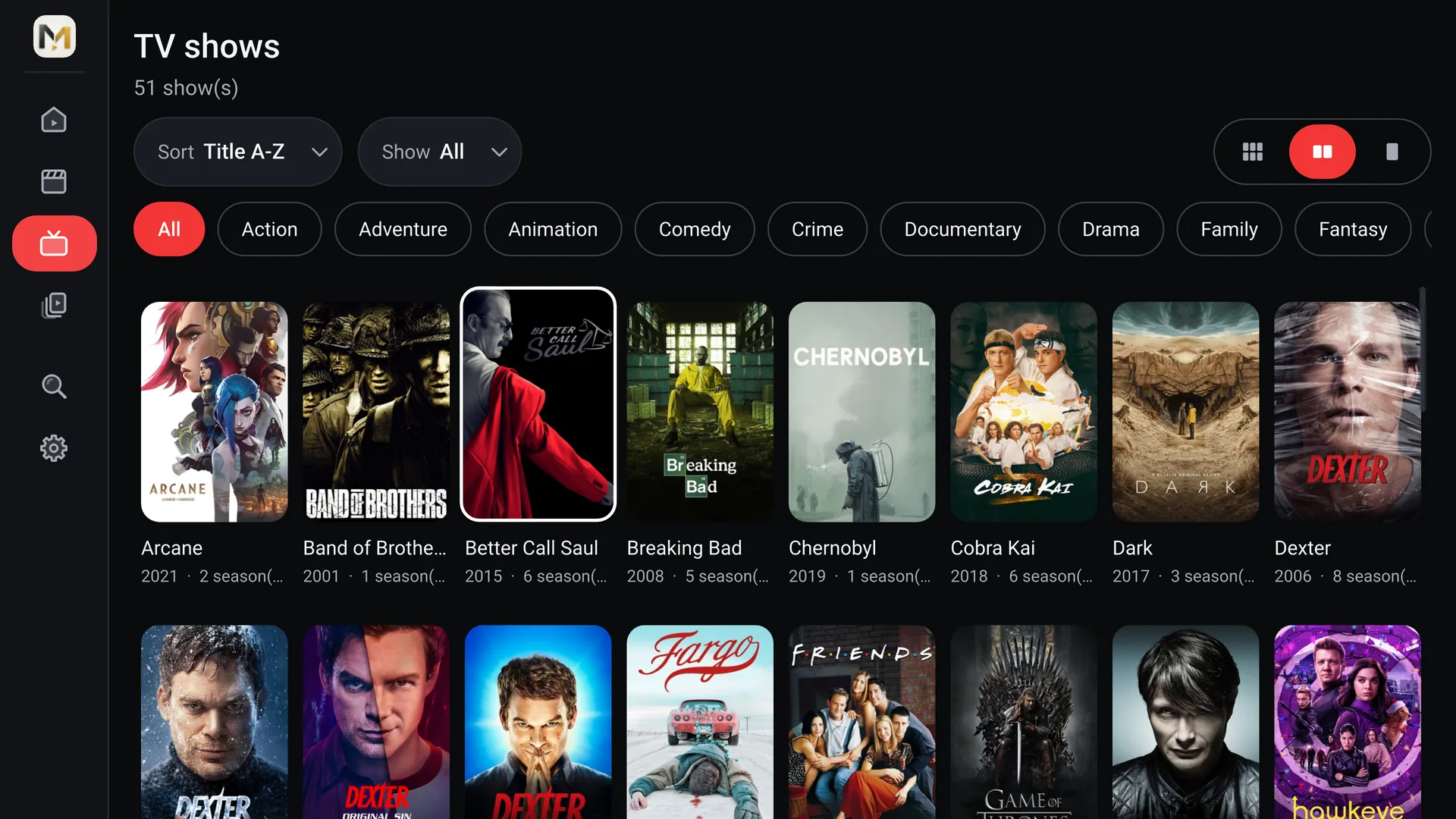 The TV shows page on a TV