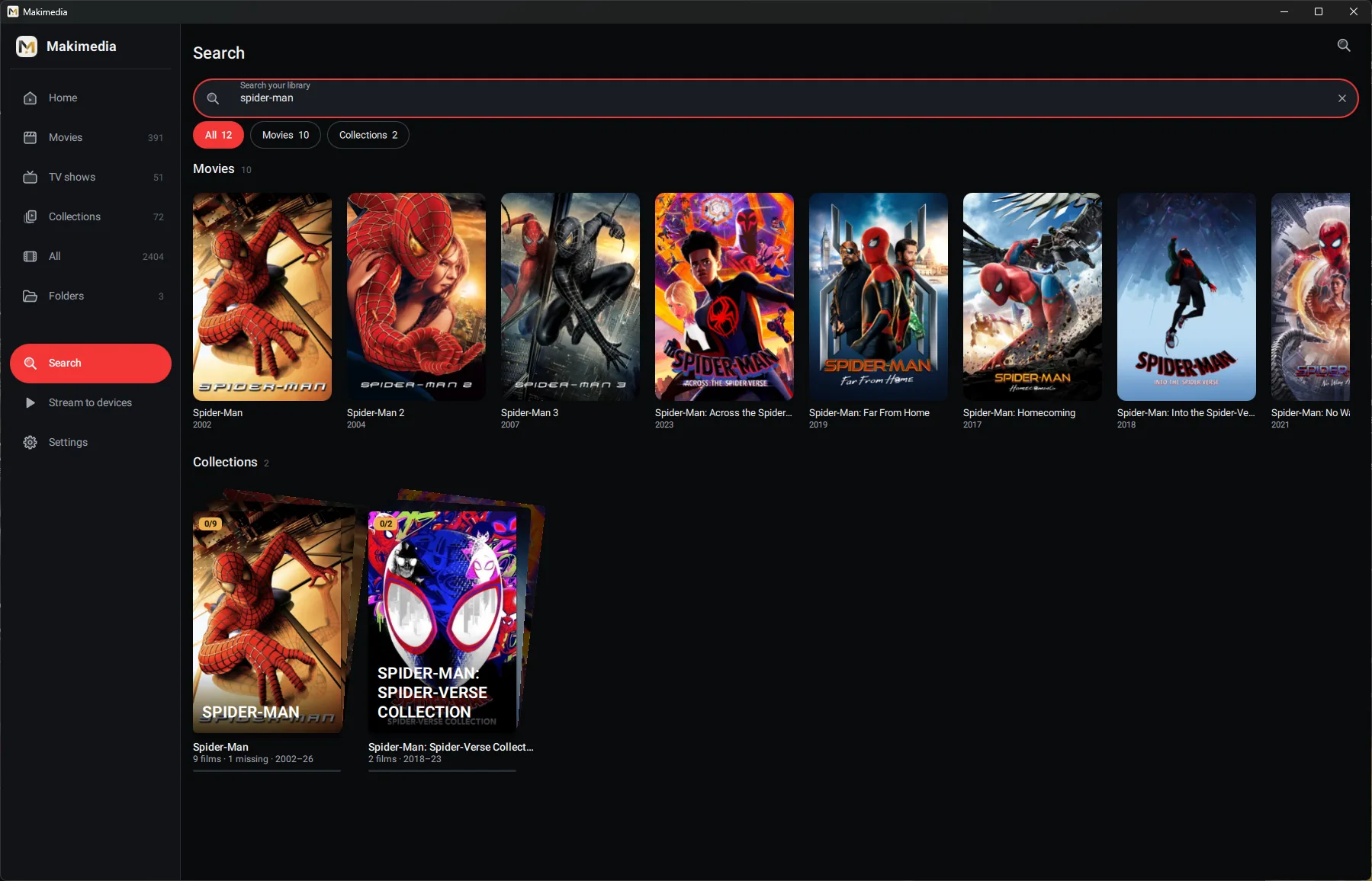 Searching the library for spider-man, with ten films and two collections found