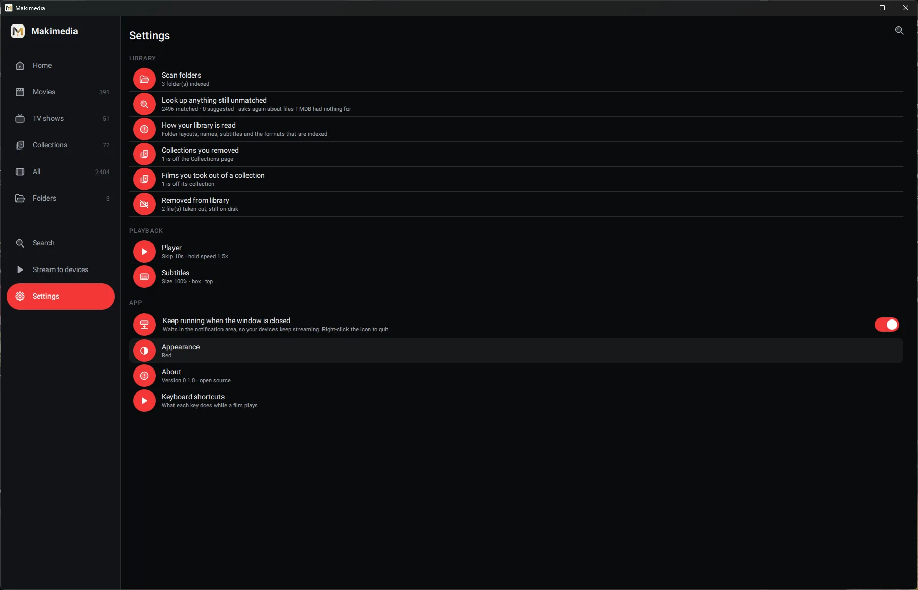 Settings for the library, playback and the app